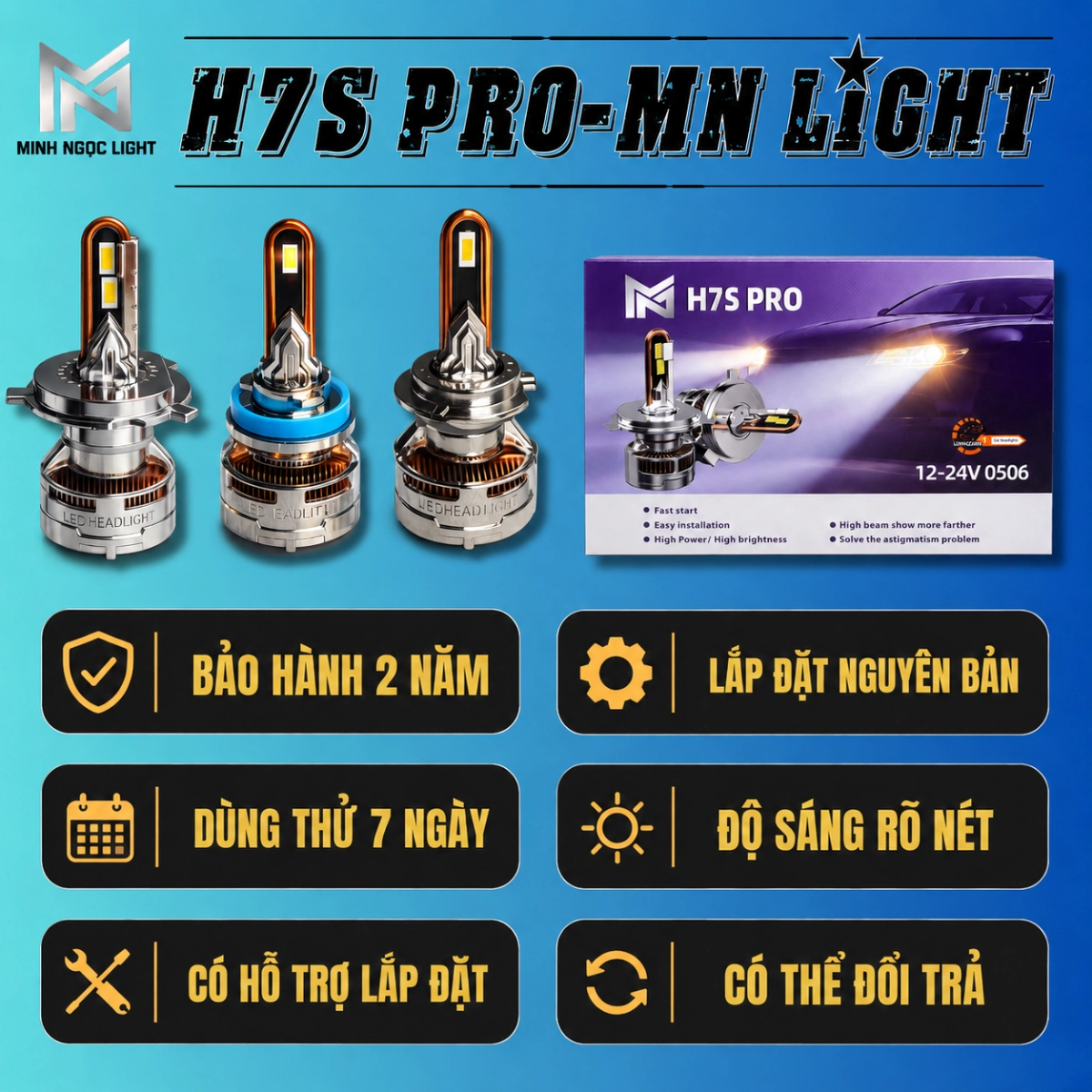 Đèn Led H7S  Mẫu 6/2026 Chân H4, H11 BH 24 Tháng