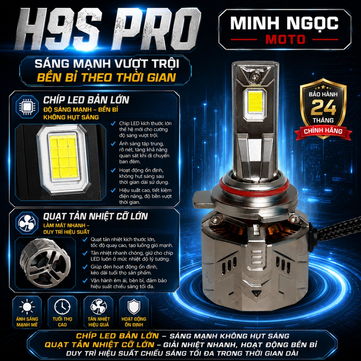 Đèn led tăng sáng H9S -115w- BH 24 Tháng lỗi 1 đổi 1 Dành cho OTo Xe Máy  12 và 24V Bảo Hành 2 năm Đèn Pha