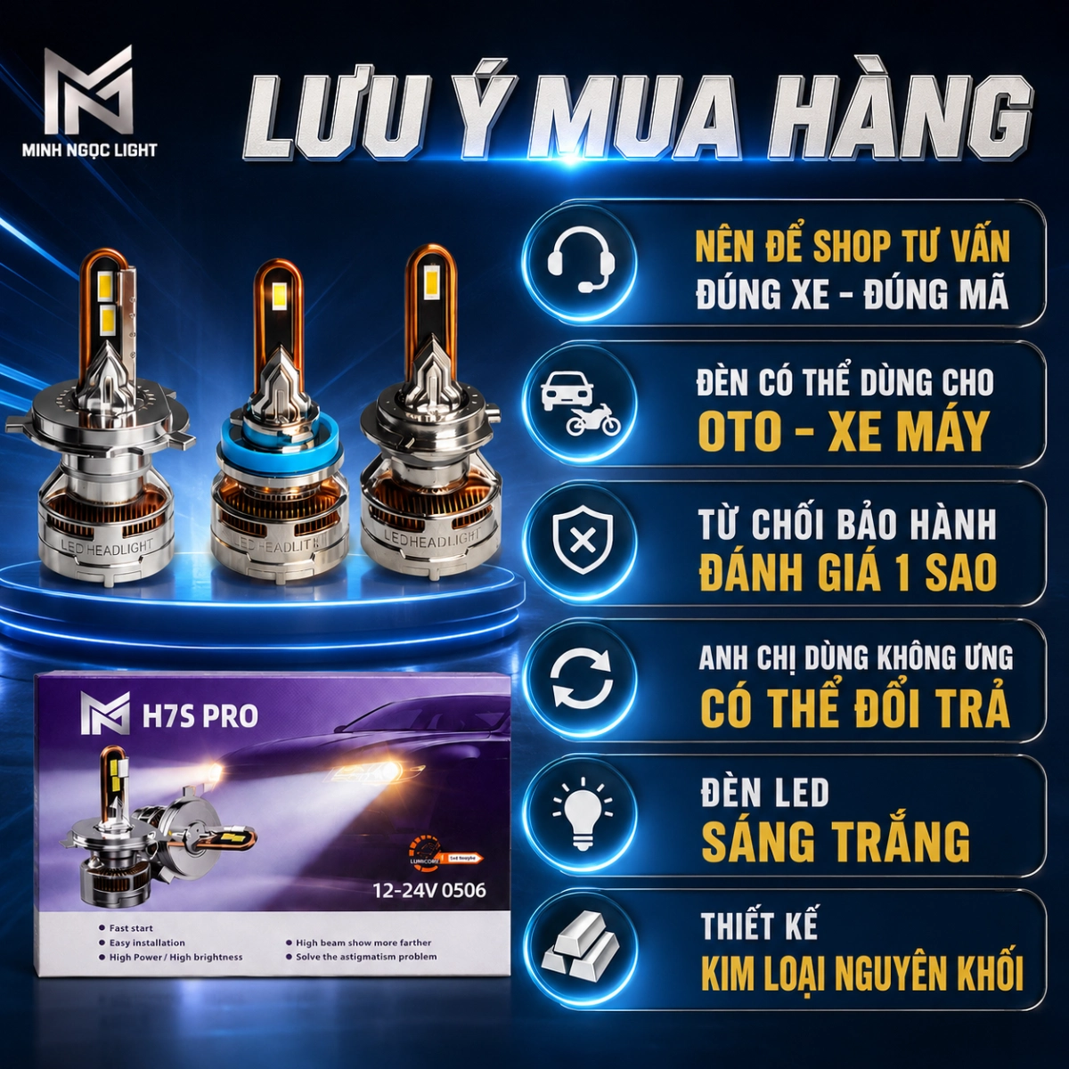 Đèn Led H7S  Mẫu 6/2026 Chân H4, H11 BH 24 Tháng
